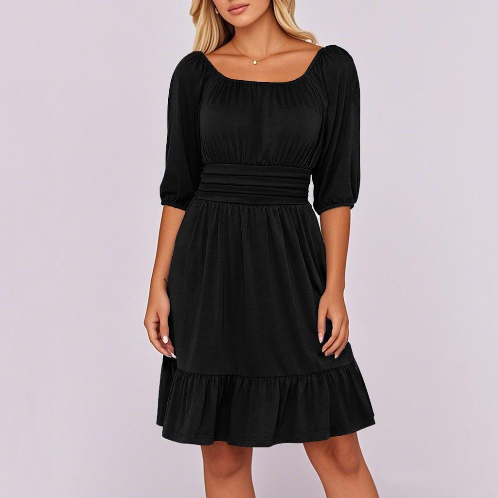Women's Summer Square Neck Ruffle Short Sleeve Tie Solid Color Dresses