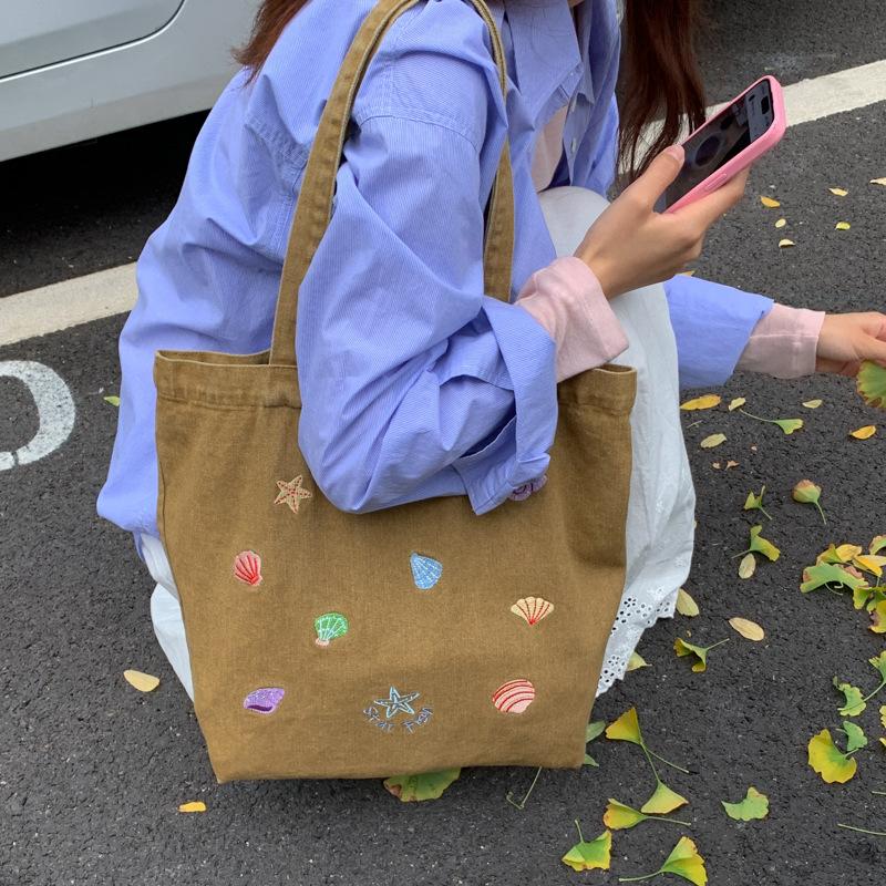 Retro Washed Denim Women's Shoulder Bags Cute Animal Embroidery College Girls Canvas Book Tote Bag Travel Shopping Handbags