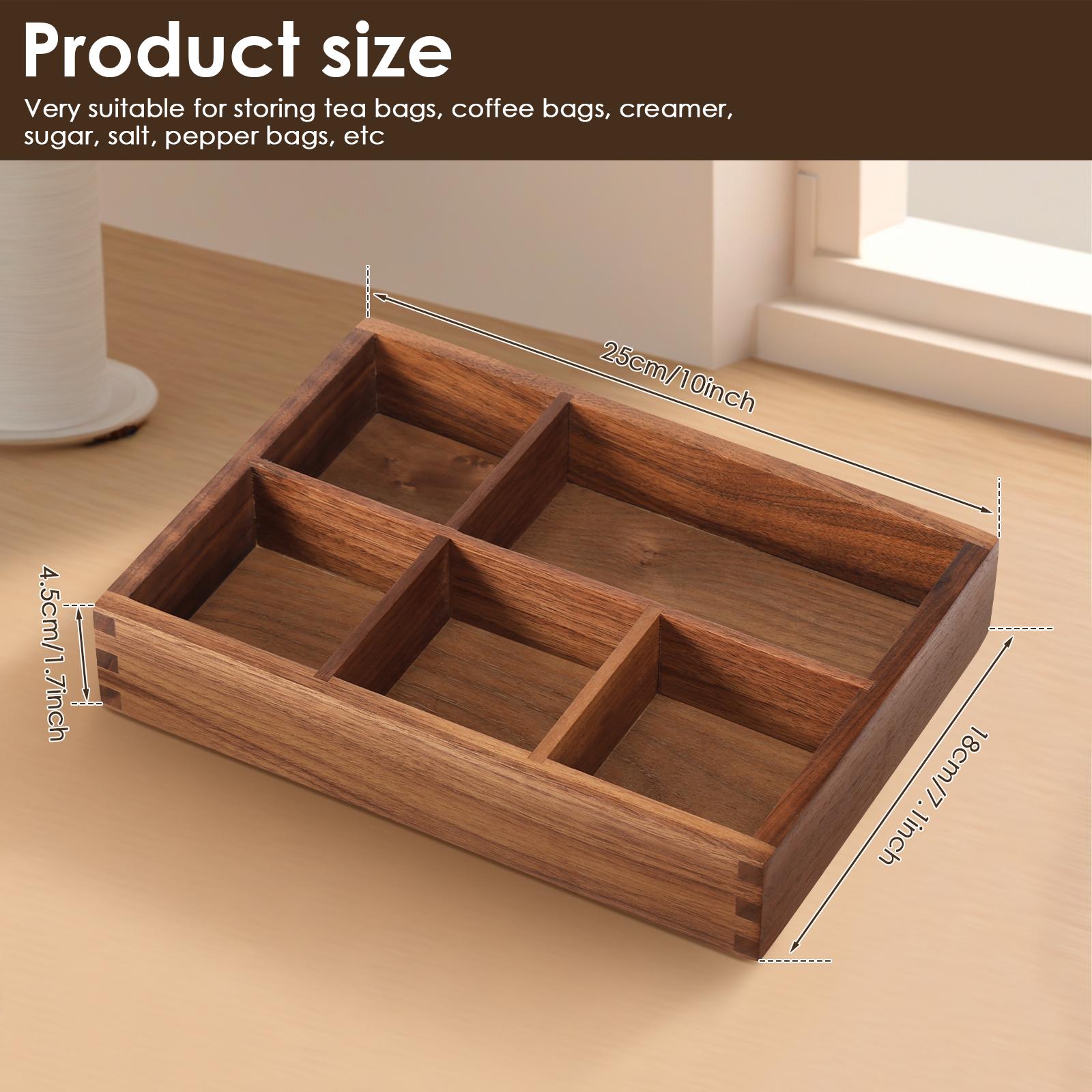 

Wood Tea Bag Storage Tray Desktop Organiser with 5 Compartment Multipurpose Sugar Packet Storage Tray for Home Kitchen Office
