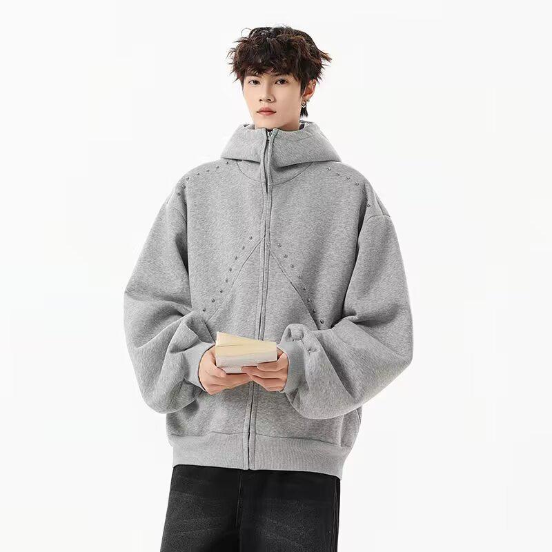 Men's Designer Rivet Patch Doberman Ear Hoodie - Autumn/Winter Trendy Heavyweight Cardigan Jacket