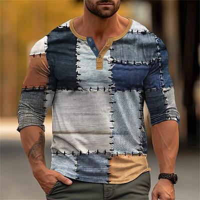 Autumn Color Block Patchwork 3D Print Henley Shirts Men'S Fashion Vintage Button-Down Long Sleeve T Shirt Man Tees Tops Clothing