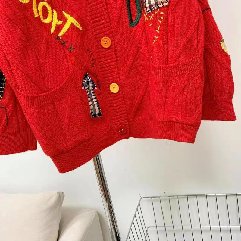 Korean Style Colorful Embroidered V-Neck Knit Sweater Coat for Women - Autumn/Winter