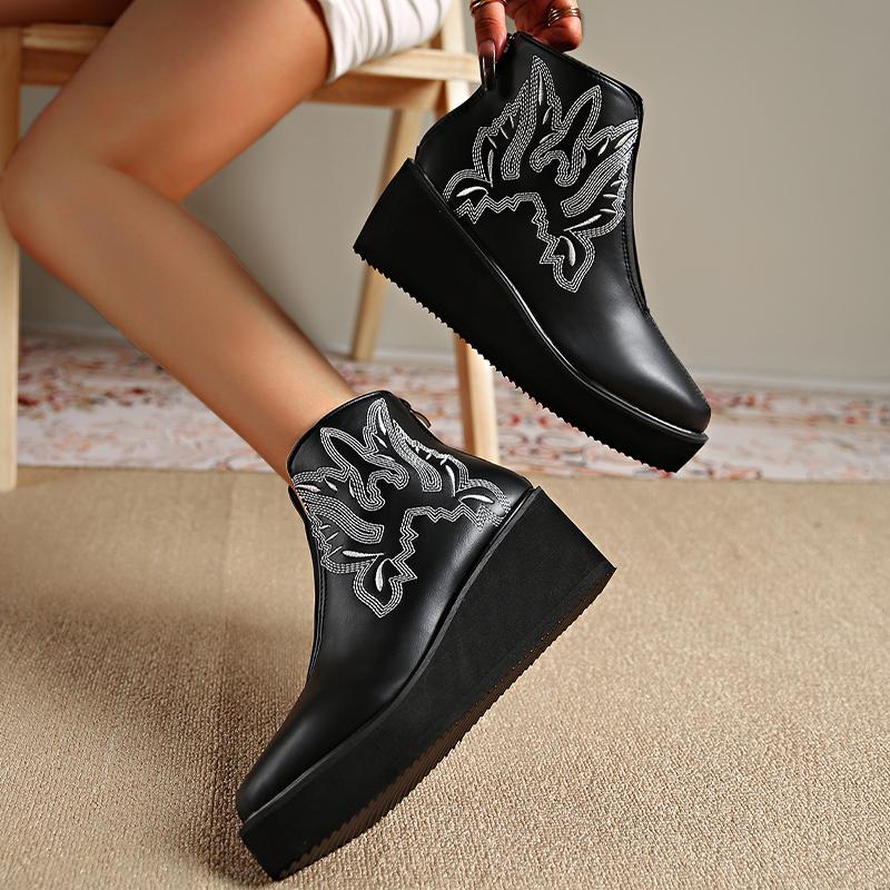 Women Wedges Ankle Boots Embroidery Designer Retro Mid Heels Shoes  Trend Winter New Classic Goth Leather Botas De Mujer