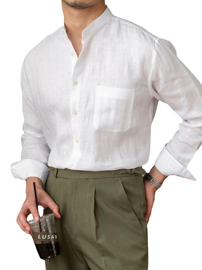 Men's Long-Sleeve Linen Henley Shirt - Casual, Breathable, Versatile for Commuting or Vacation