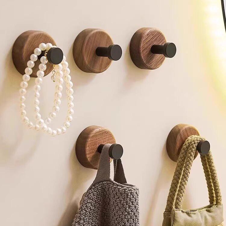 Strong Adhesive No-Drill Hook: Walnut Wood Key, Towel & Clothes Hanger for Bathroom & Hallway