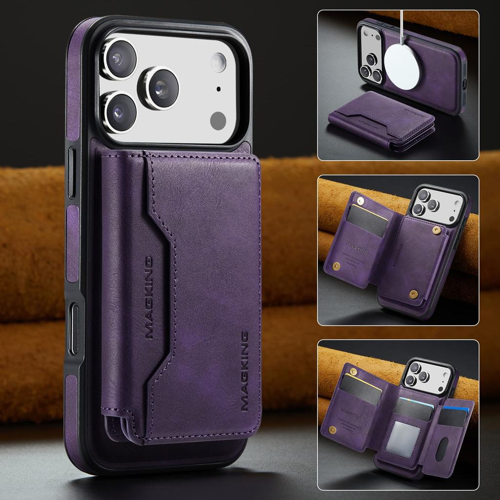 Magnetic Attraction Leather Case for iPhone 17 Pro Max 16E Air 16 15 Plus 14 Pro 13 12 Detachable Card Bag Holder Phone Cover
