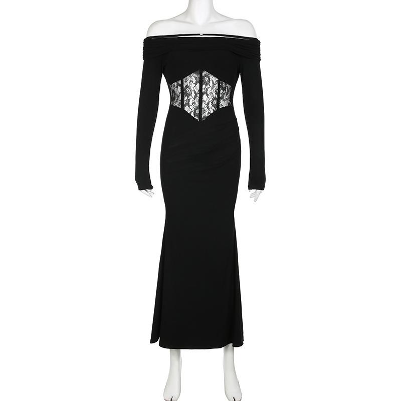 Elegant French Lace One-Shoulder Fishtail Knit Dress - Slim-Fit Waist-Cinching Long Gown for Women