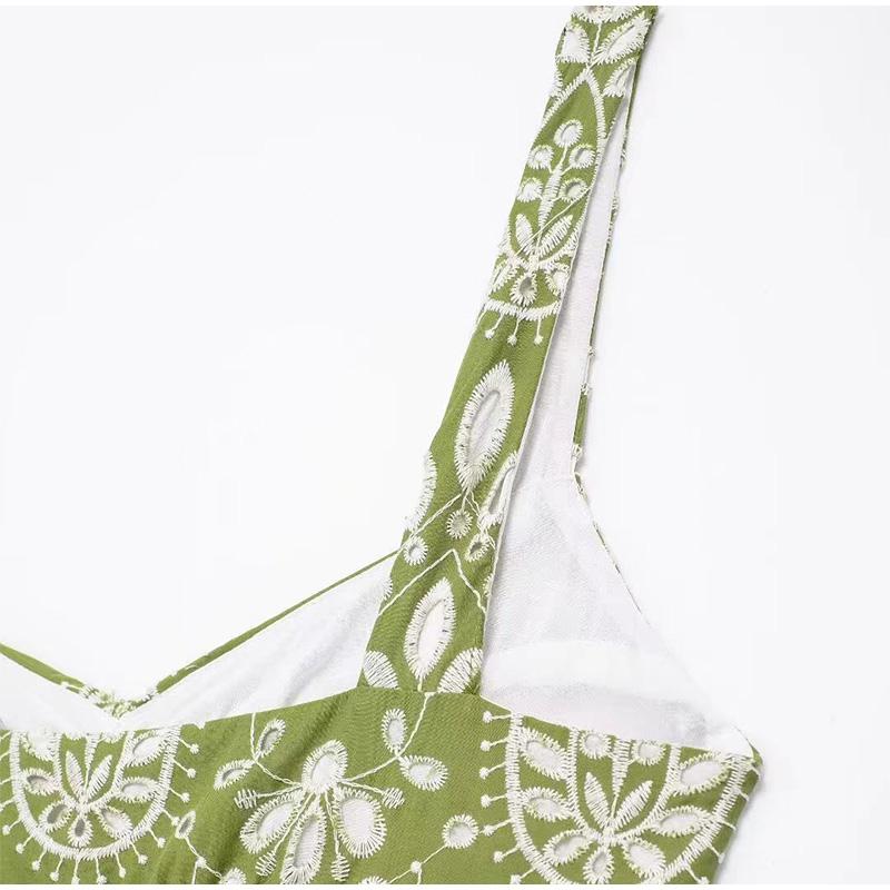 Printed Hollow Out Sling Women Dress Elegant Green Sleeveless Backless High Waist Dresses Female Summer Lady Beach Robe