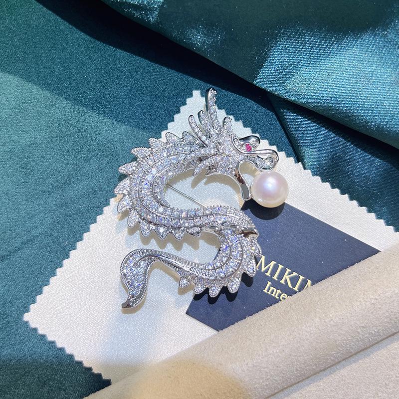 

Chinese Zodiac Dragon Brooch - Gold-Plated, Zircon & Pearl Corsage Pin