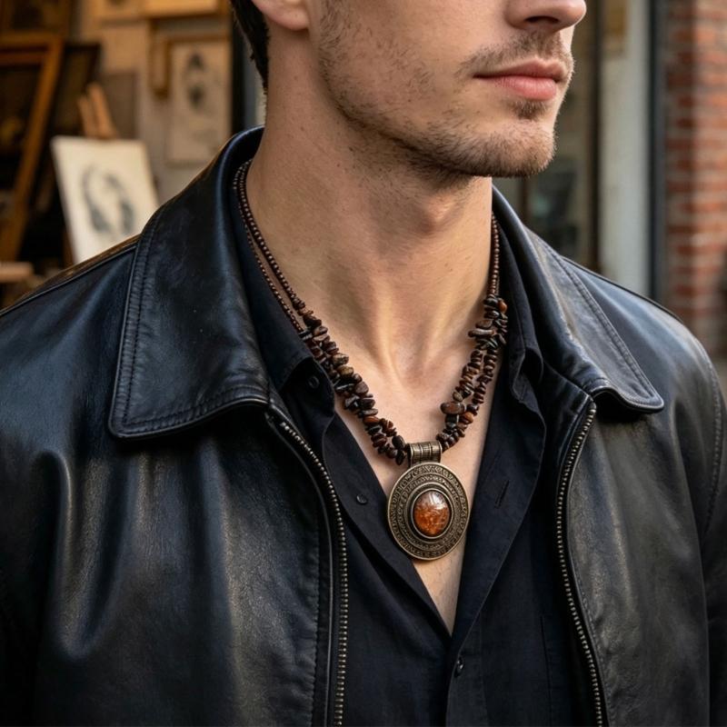 Vintage Bead Necklace with Round Pendant, Irregular Stone-Look Strand and Adjustable Length for Simple Sweaters Shirts and T Shirts