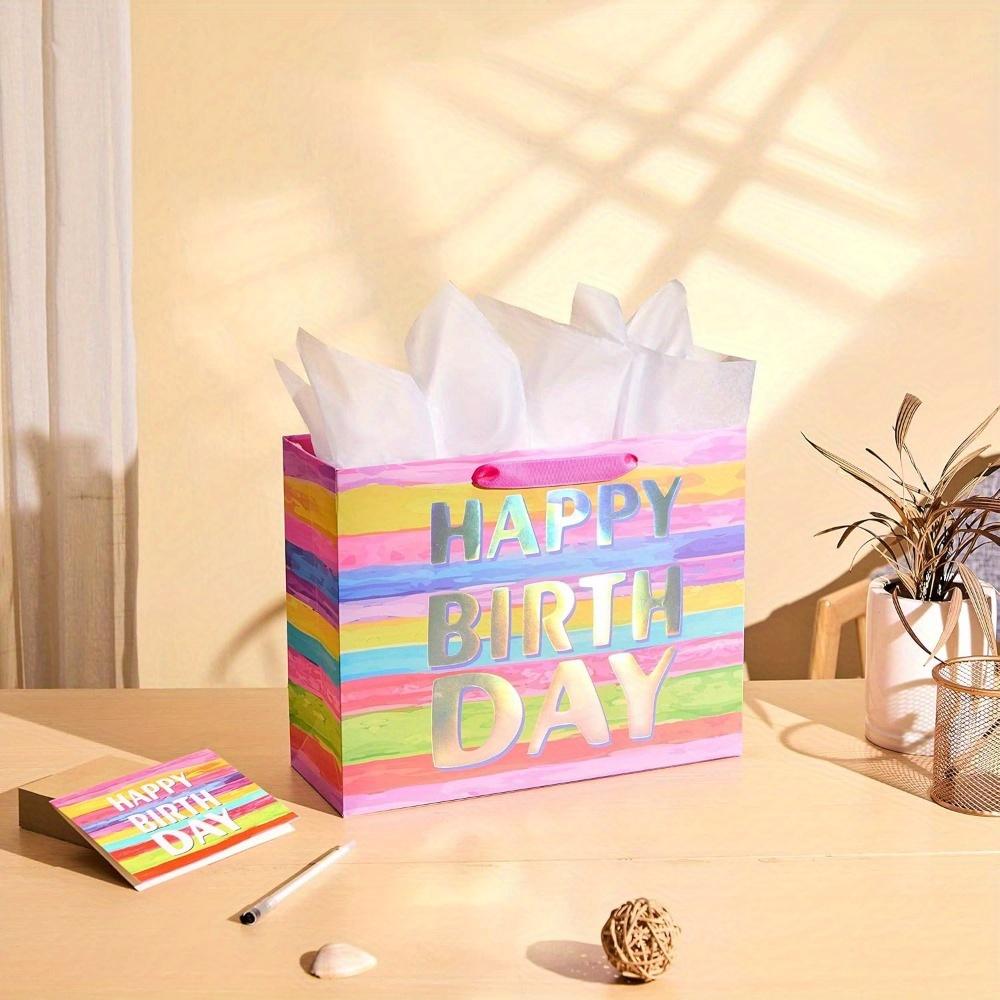 3pcs Large Gift Bag with Card and Tissue Paper, 13x10.2x4.7 Inches Birthday Gift Wrap Bags, 1pc Gift Bags with 3 Tissue Paper and 1 Card, Treat Bags