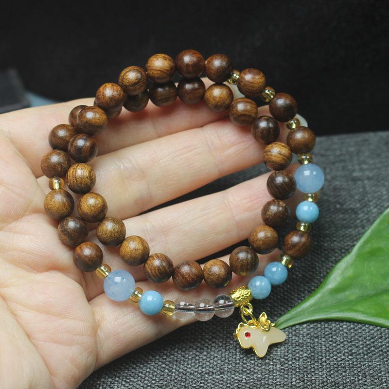 Black Rosewood Blood Sandalwood 8mm Double Bracelet Pony Pendant Women Ethnic Jewelry