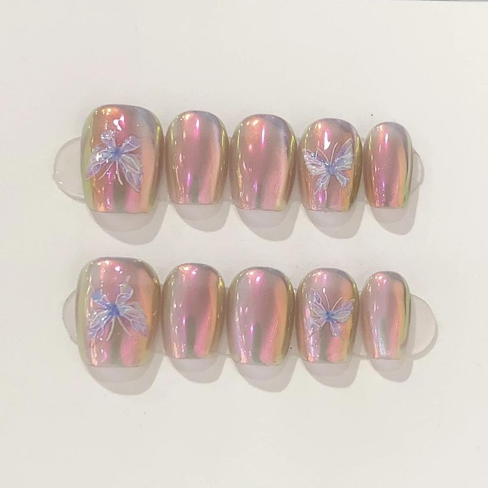 10Pcs Short Handmade Press On Nails Full Cover Frostbite Butterfly Design Summer French Ballerina False Nails Wearable Nail Tips