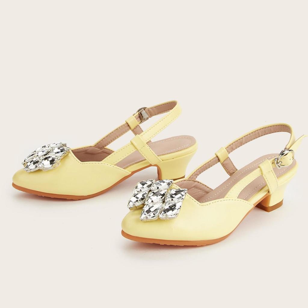 2025 Summer Rhinestone Buckle Girls' High Heels: Pointed Toe, Open Back, Fashionable Sandals