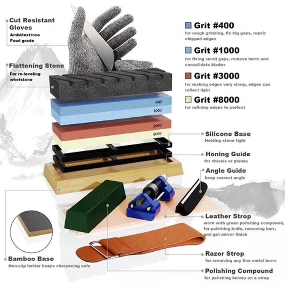 4001000 30008000 Grit Premium Whetstone Set Cut Sharpening Stone Kit Sharpener for All Blade