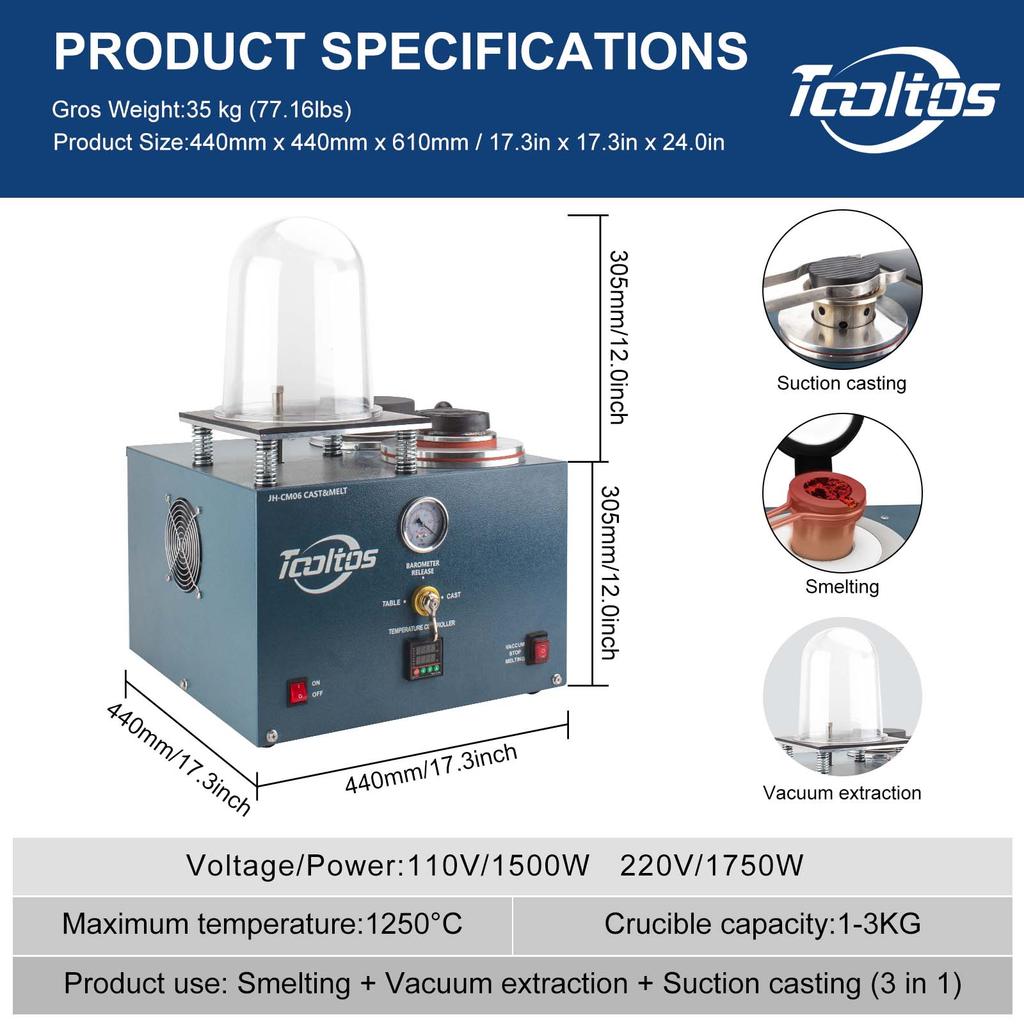 Jewelry Vacuum Casting Machine - Limited-Time 10% OFF 3-in-1 Gold Melting, Vacuum Investing & Casting All-in-One Unit with 3 CFM Pump