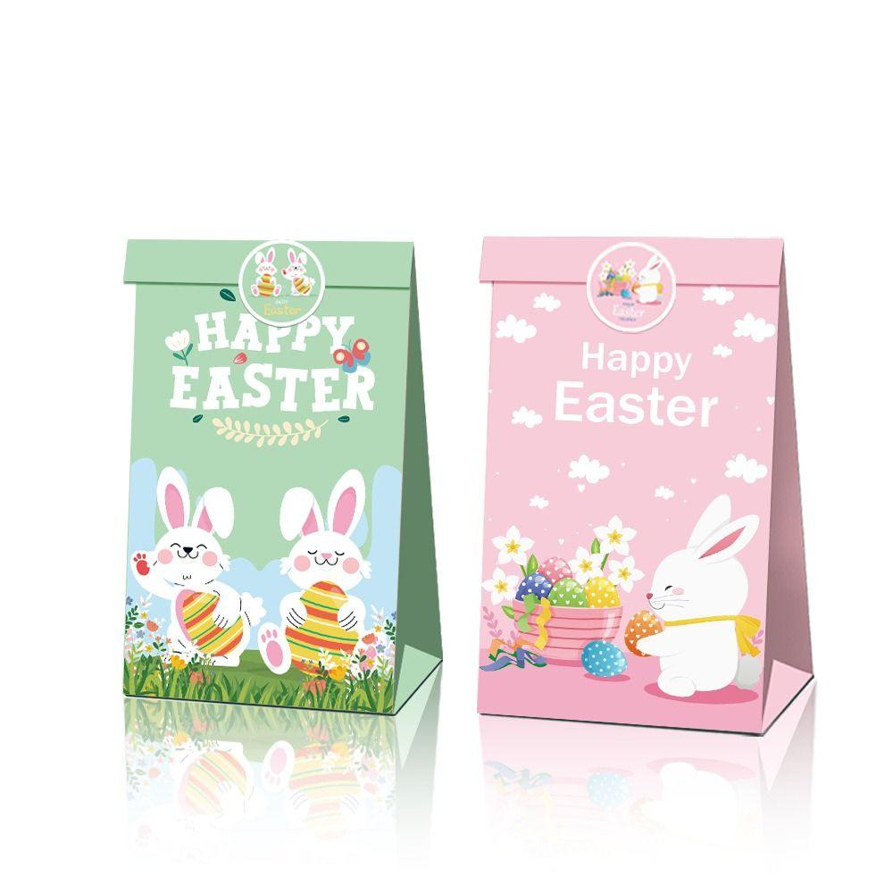 12PCS Multicolor Happy Easter Gift Bags with Seal Sticker Cartoon Rabbit Flower Packaging Bag Kraft Paper Mixed Pattern