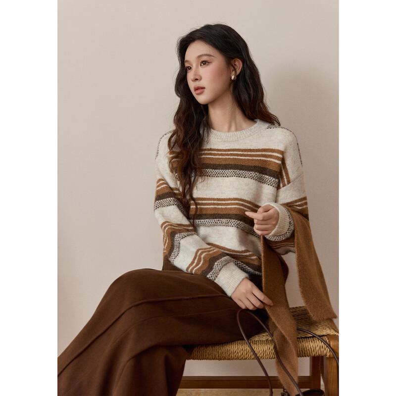 Women's Retro Striped Wool Blend Knit Shawl Two-Piece Sweater Set