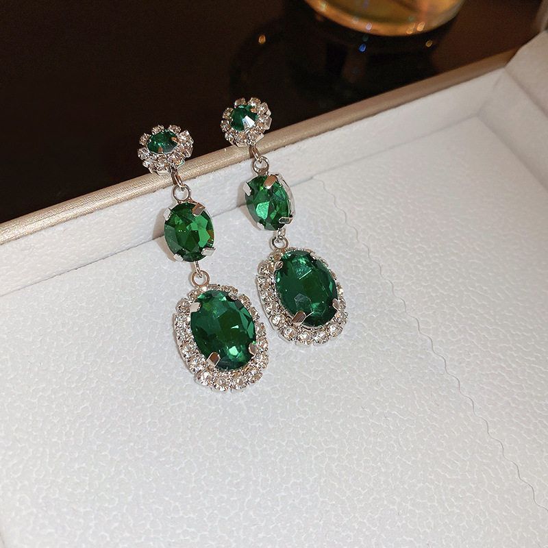 Niche Style Retro Style Emerald Zircon Necklace Female Silver Needle Earrings-Green