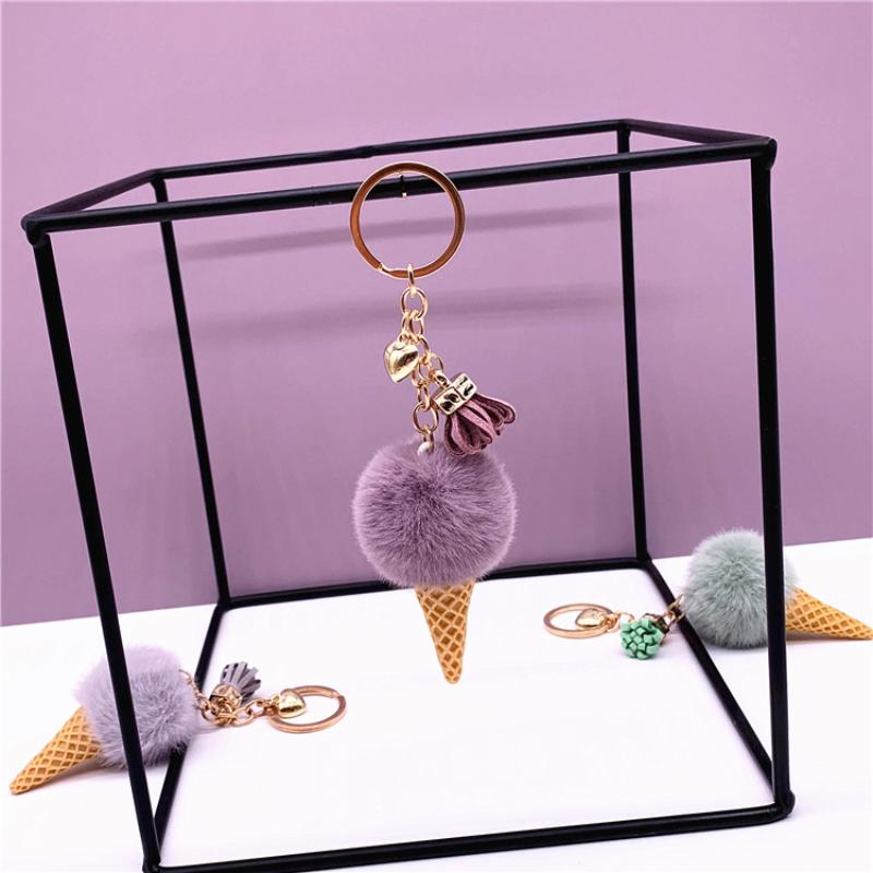1Pcs Plush Pompom Pendant Keyring Holder New Ice Cream Keychains For Women Men Charm Bag Decoration Jewelry Gifts