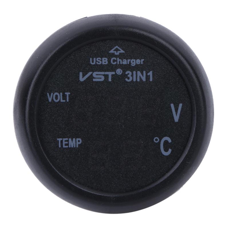 Car Voltmeter Tester 3in1 Digital Voltmeter Thermometer Blue Red LED Display 12/24V 2.1A Cigarette Lighter USB Car Charger