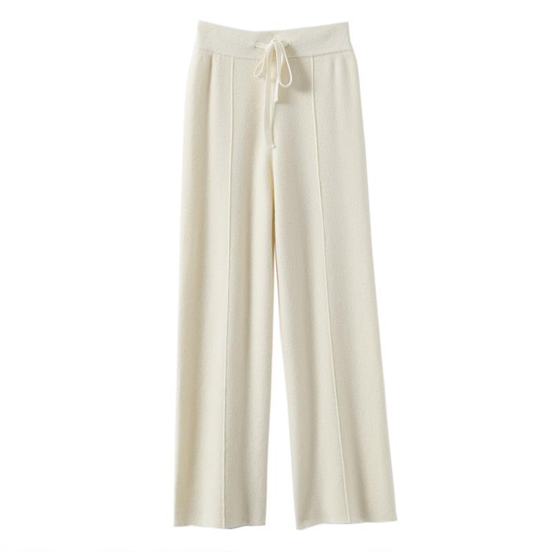 Wool Casual Pants Solid Color Straight Wide Leg Knitting Trousers with Drawstring High Waist Thickened Slacks