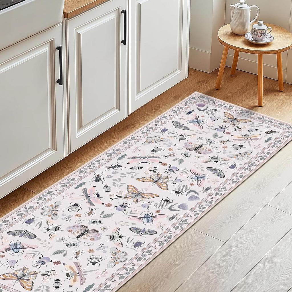 Black Floral Butterfly Area Rug with Pink Yellow Red Flowers Non-Slip Rectangular Carpet for Living Room Decor Soft Floor Mat