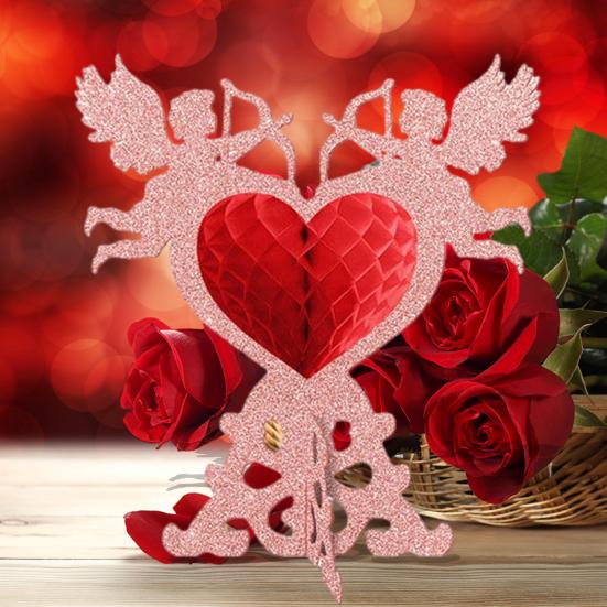 4 Stück Valentinstag Waben-Mittelstücke 3D Glitzer Amor Herzförmige Waben-Dekoration Romantisches Tischschild für Hochzeiten Valentinstag