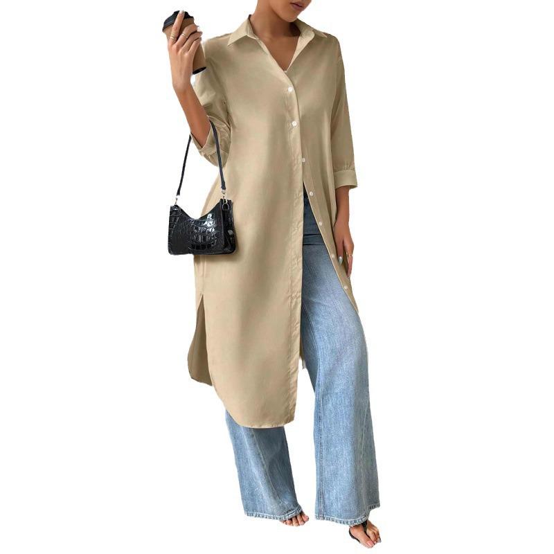 Women's Mid-Sleeve Solid Color Cardigan Shirt Dress