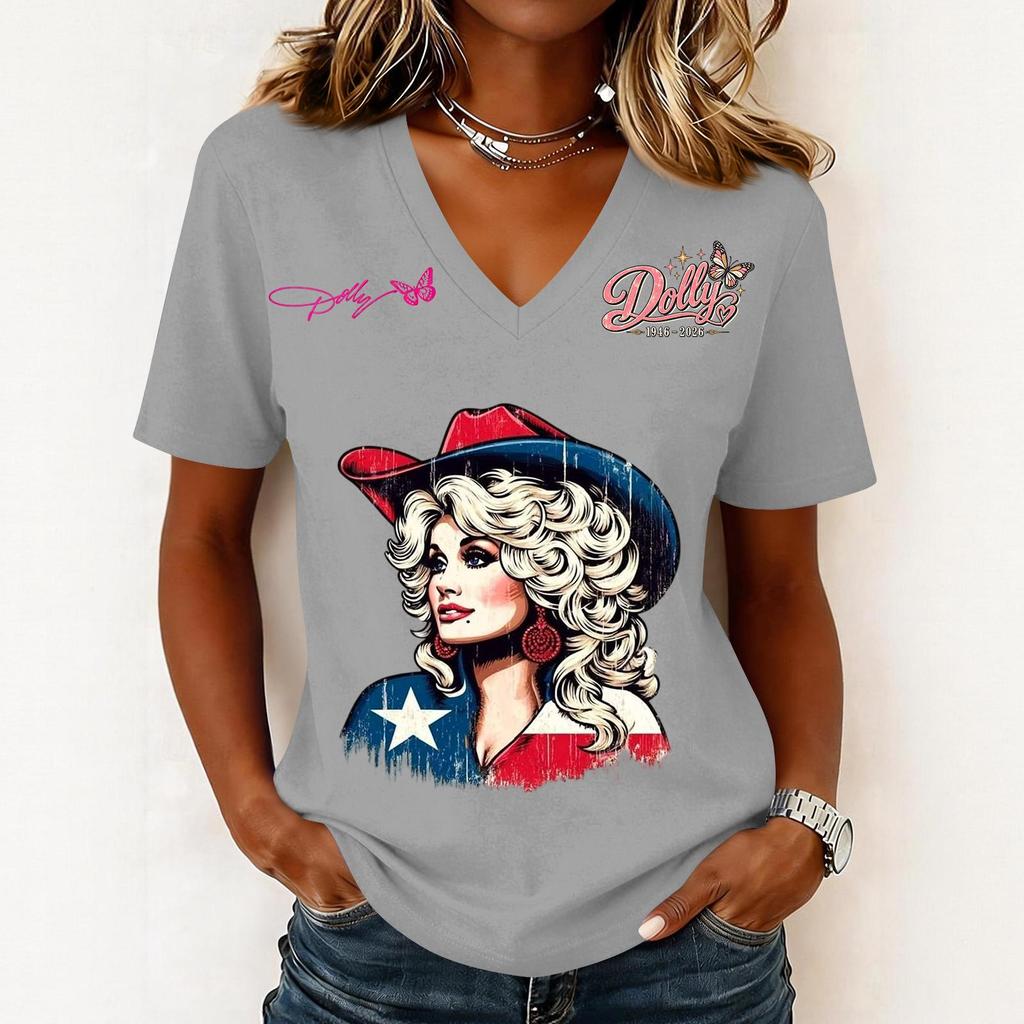 Women's Trendy Casual V-Neck Short Sleeve Letter Print Pullover Top for Everyday Wear