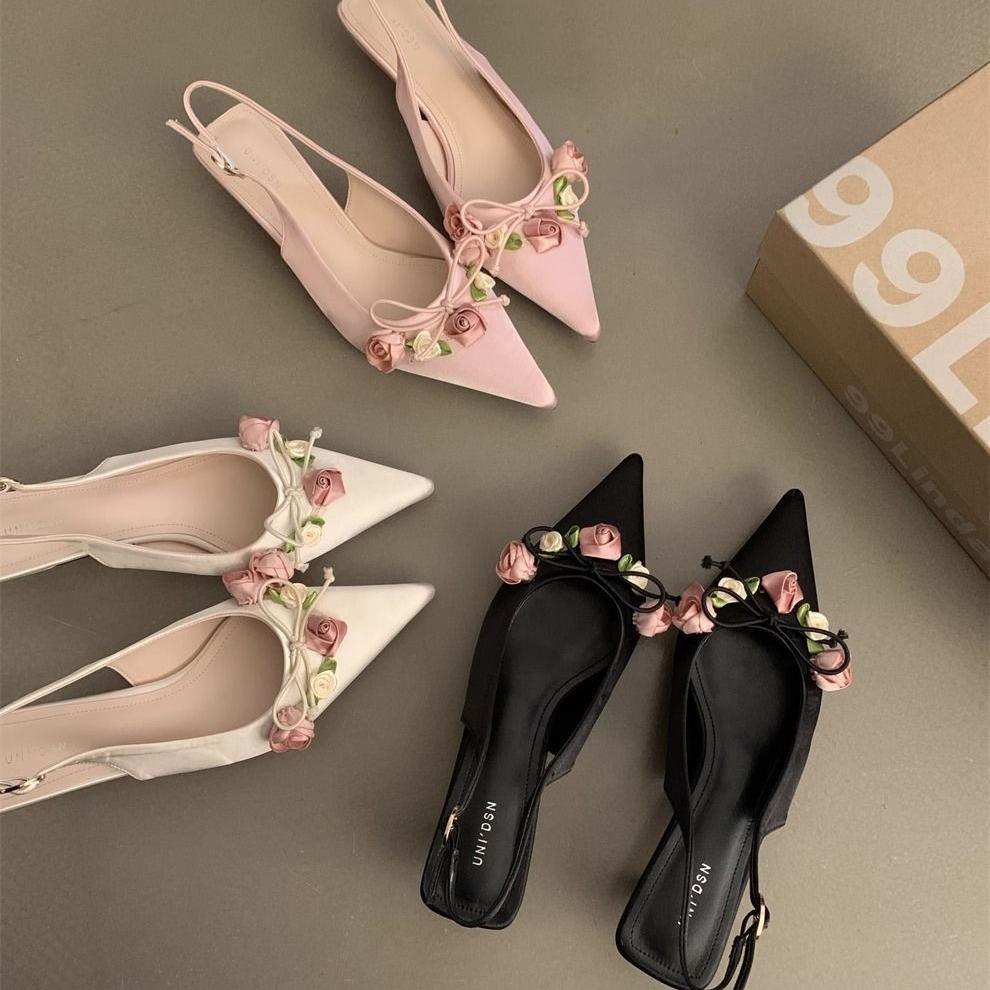 

French flower evening shoes women s summer 2024 new French temperament with skirt high sense word with high heel 35 чорний