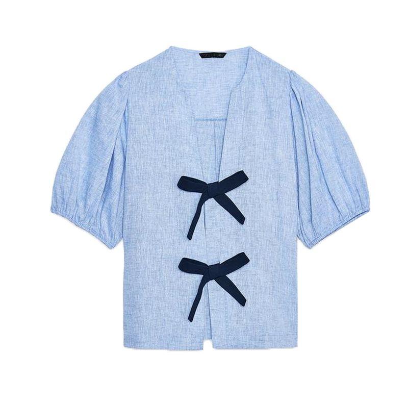 

Summer Women s Clothing Preppy Style V Neck Puff Short Sleeve Linen Blended Bowknot Decoration Short Shirt 8310789 Blue L