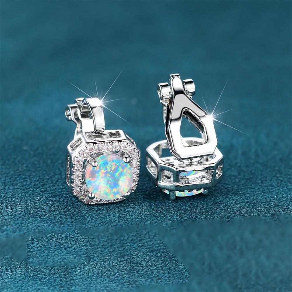 Cute Fmeale Blue Fire Opal Stone Square Clip Earrings Vintage  Color Wedding Jewelry For Women