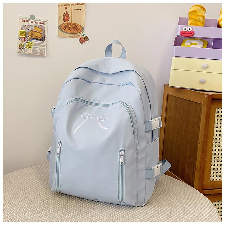 Basic Pink Nylon Student Backpack With Bow Design For School Use