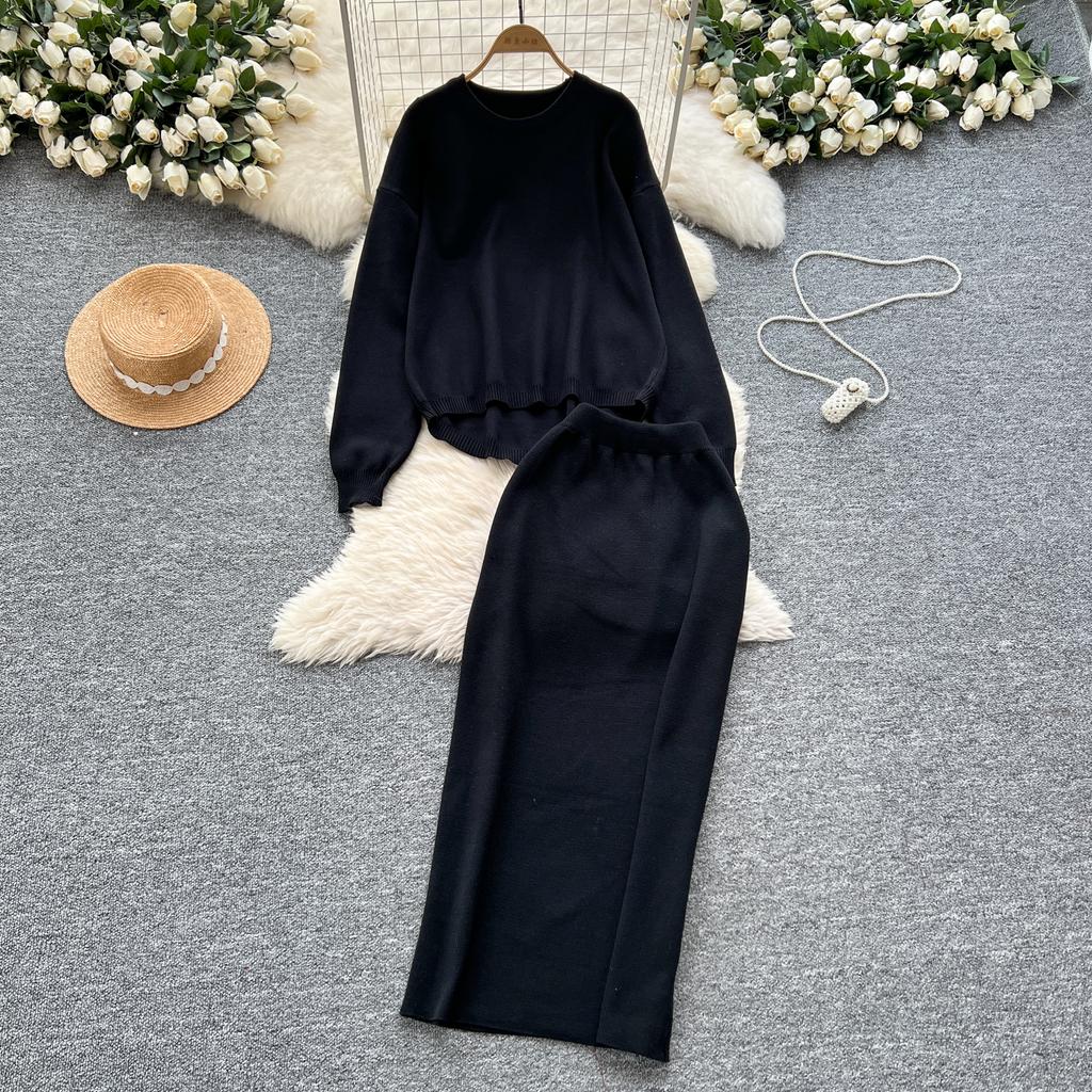 Tvådelat set Damkläder Mild Stil Lättslappig Lös passform Pullover O-hals Långärmad Stickad Tröja Midi Bodycon Kjolar