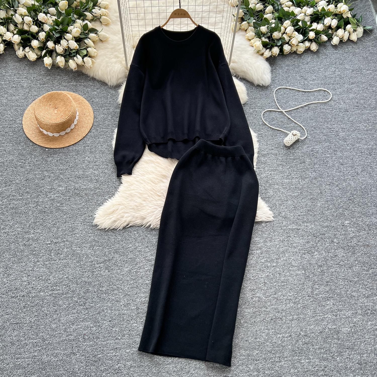 

Комплект из двух предметов Женская одежда Нежный стиль Ленивый Свободный пуловер Круглый вырез Длинный рукав Вязаный свитер Миди Облегающие юбки One Size чёрный