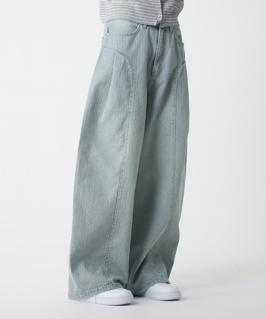 UNKNOWN PLANET Side Cut Tuck Pleat Wide Pigment Cotton Pants Green