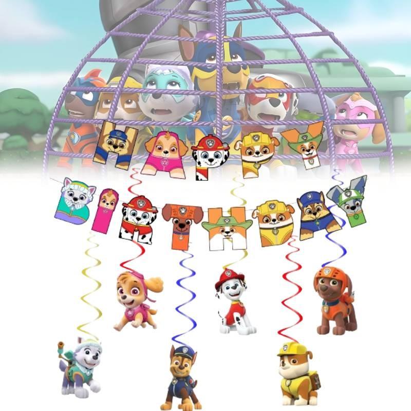 Bannière de fête d'anniversaire et ensemble de décorations spirales sur le thème de la Pat' Patrouille pour chiens