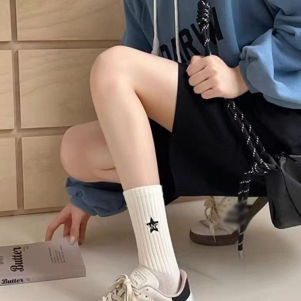 Fashion Mid Length Socks Spring Summer Black White Striped Socks New Embroidered Socks