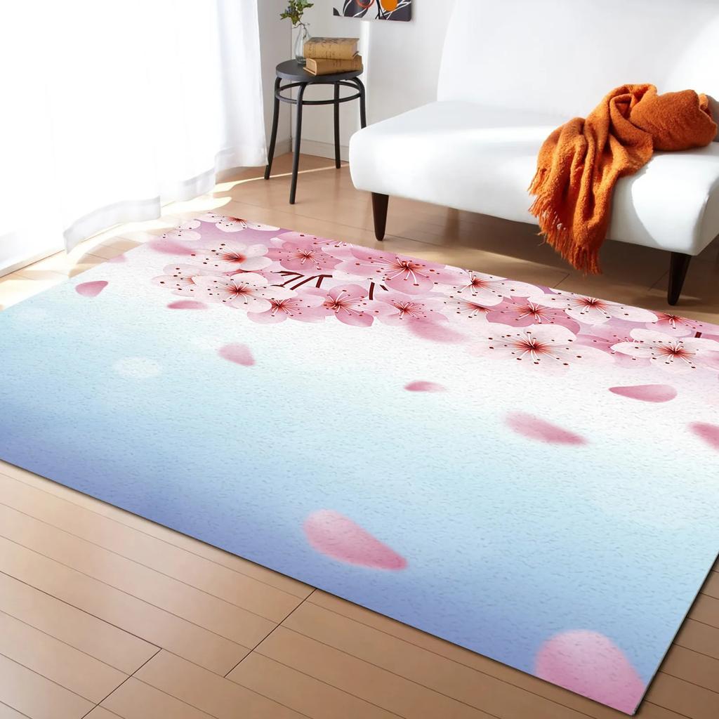 Pink Cherry Blossom Rug Romantic Floral Spring Carpet Non Slip Floor Mat for Girl's Bedroom, Bedside Living Room