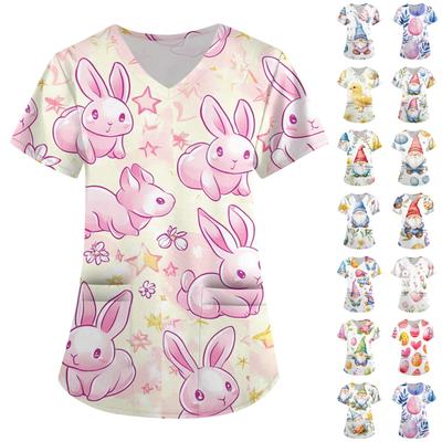 Damenmode V-Ausschnitt Kurzarm Arbeitskleidung mit Taschen Osterdruck Oberteil Pflegekleidung