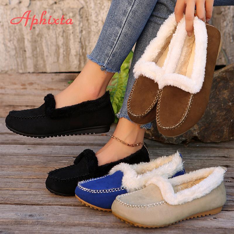 Aphixta Myke Pelsmokasiner Flate Damesko Slip-on Søm Casual Rund Tå Flats Dame Klassisk Sko Høst Vinter Mokasiner