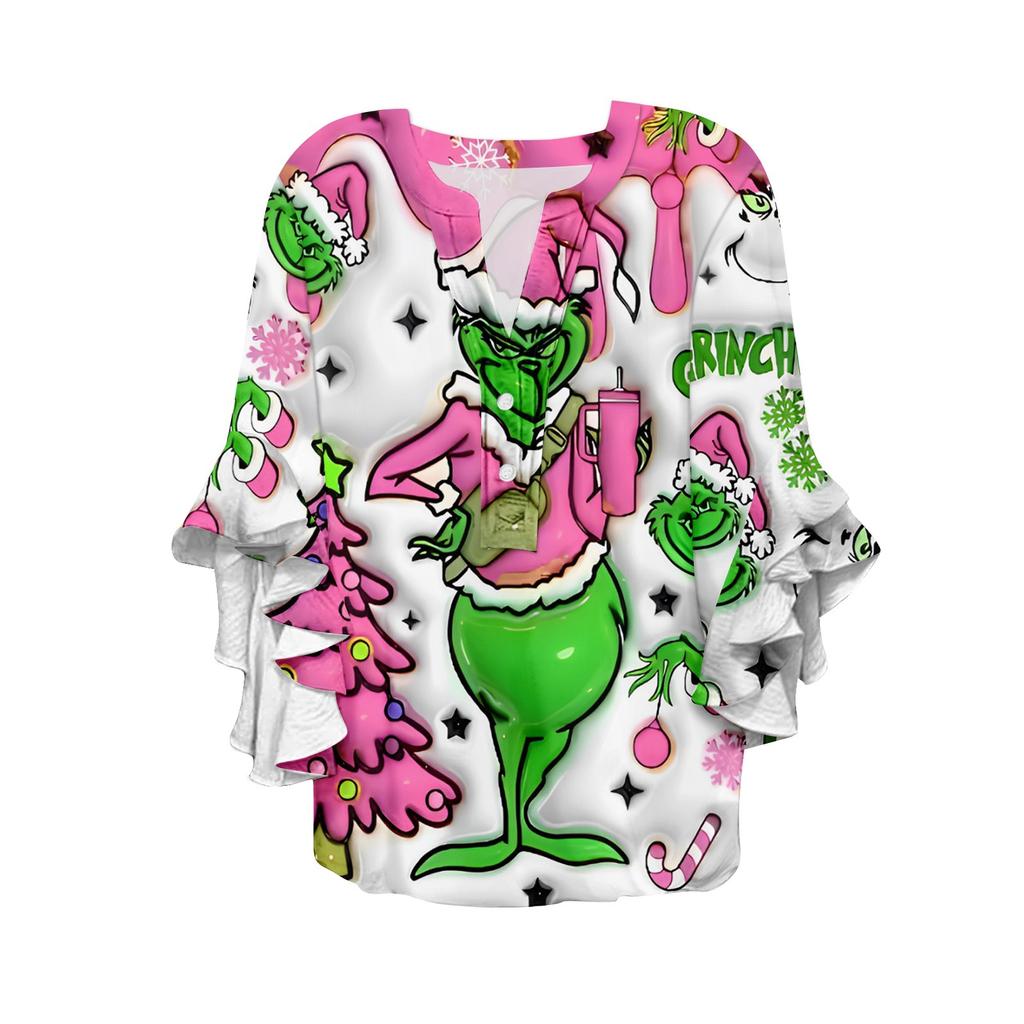 3/4 Sleeve Shirts For Women Cute Print Graphic Tees Blouses Casual Plus Size Basic Ruffled Sleeve Tops Pullover