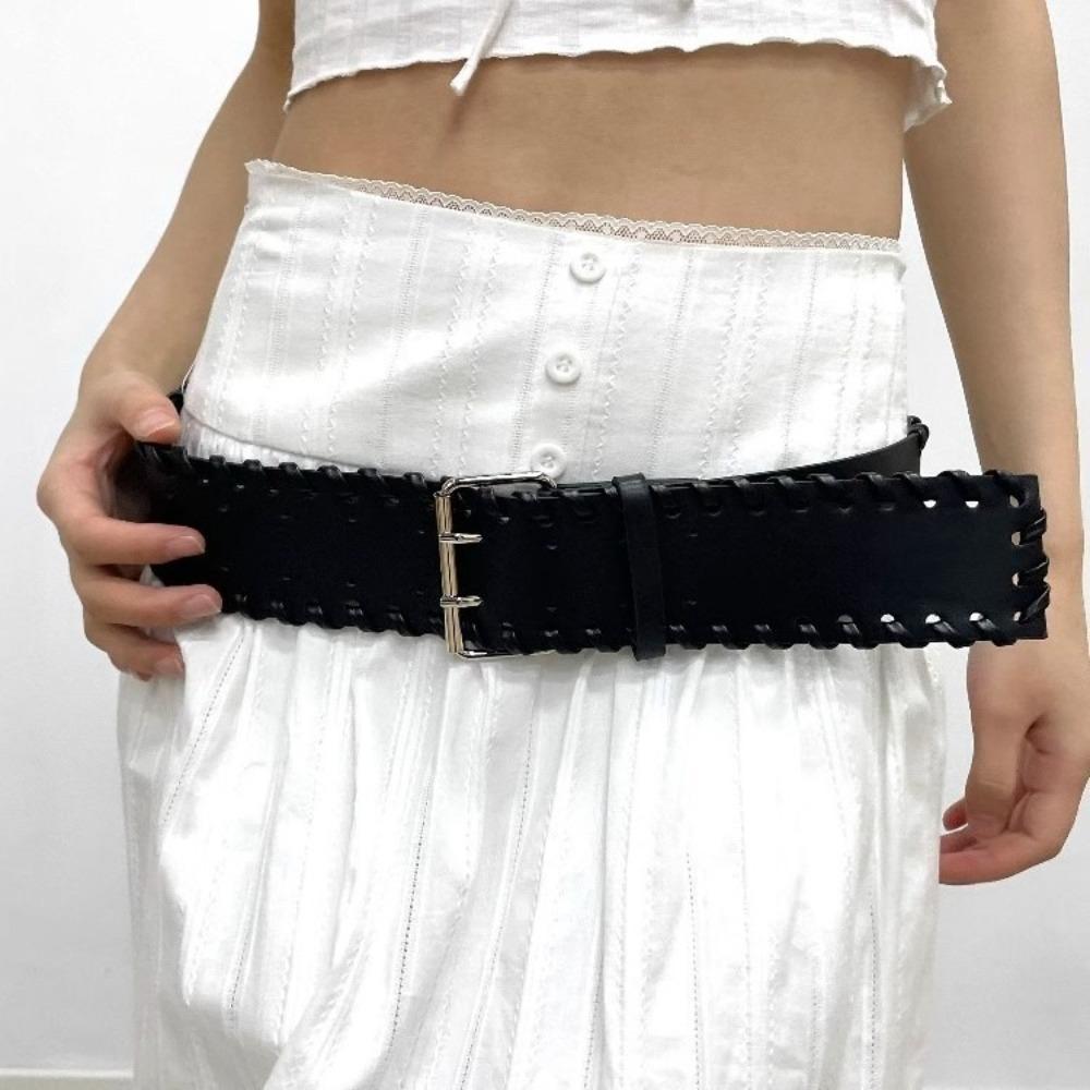 Korean Style PU Leather Waistband Woven Western Cowboy Belt Fashion Women Wide Belt  Spicy Girl