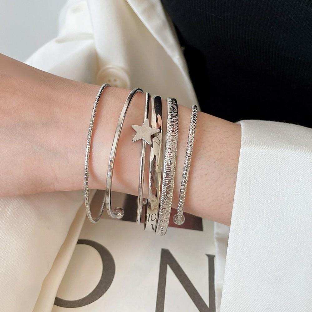 6Pcs/7Pcs Metal Star Pentagram Wide Open Bangle Set Exaggerated Bracelet Women Gift