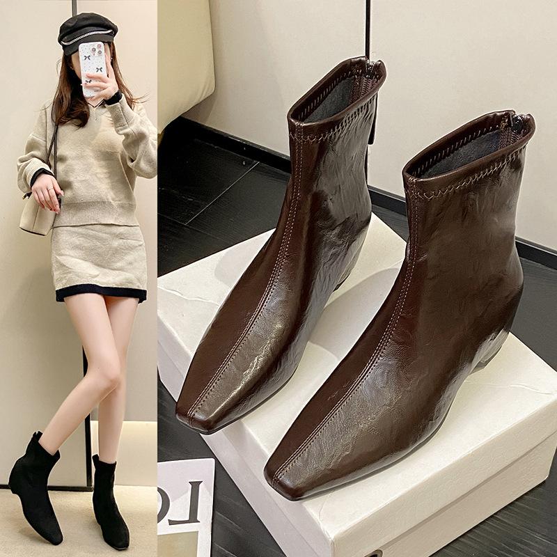 Soft leather version~ retro high-heeled short boots for women's autumn and winter new square-headed thin boots, small inner height-increasing boots