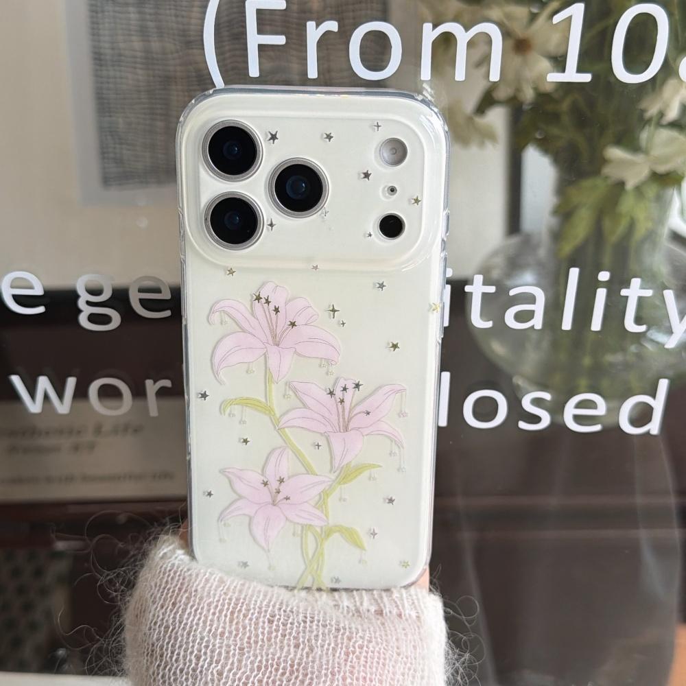 Korean Style Ins Cute Soft Crystal Lily Flower Phone Case for iPhone 17ProMax 15 16Pro 14 Full Coverage Double Layer High Value