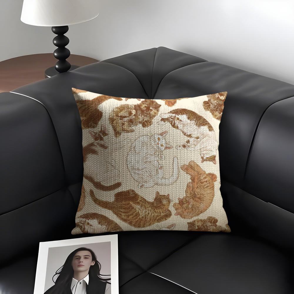 Cute Cat Cushion Cover Natural Linen Organic Fabric DoubleSided Printing Sofa Home Decor Gift Pillow Case