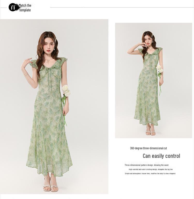 Damen Floral V-Ausschnitt Grünes Kleid - Frühling/Sommer 2026, Urlaubsstil, Fledermausärmel, Tailliert.