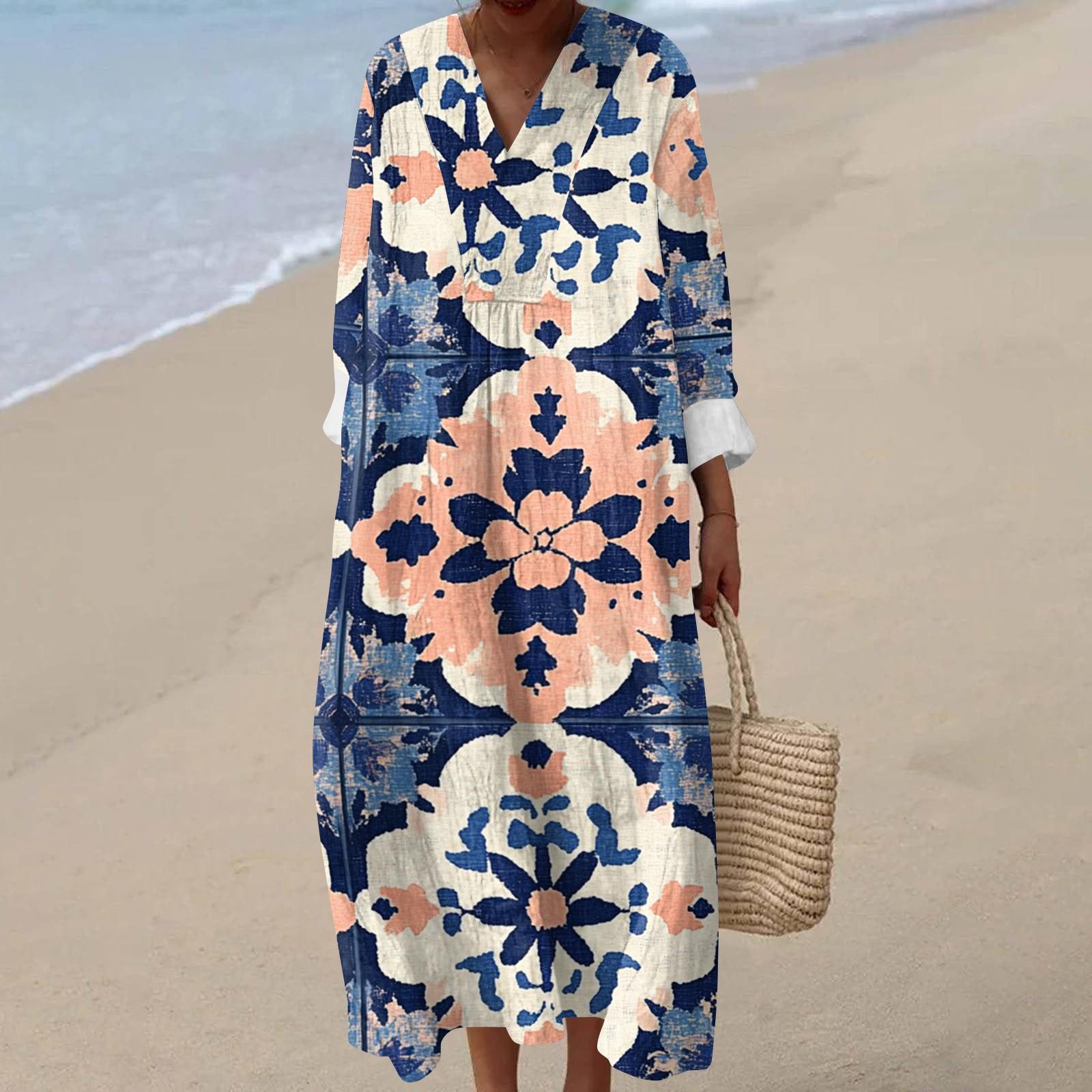 

Женское повседневное модное платье макси с V-образным вырезом и длинными рукавами с цветочным принтом L